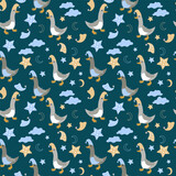 Fototapeta Dinusie - Vector seamless pattern with funny geese in nightcaps, stars, clouds and the moon. Animal character cute child  background