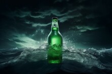 Bottle Filled With Green Energy Drink, Surrounded By Splashing Ice And A Thunderstorm In The Dark Sky. Generative AI