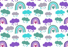Seamless Pattern With Clouds And Rain And Rainbow In Flat Style