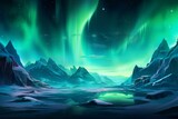 A panoramic image depicting an ice terrain with the mesmerizing aurora borealis lighting up the sky. Generative AI