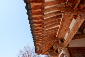  Wooden roof.Korean traditional architecture. Wooden old architecture. Asia tourism background.
