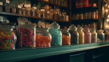 Wall Mural - A bright, multi colored candy jar on a shelf in a store generated by AI