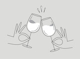 Fototapeta  - Hand holding wine clinking glasses drawing in flat line style on grey background