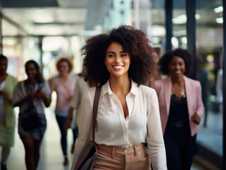 African America business women work together down office hallway, joyful and happy.