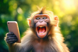 Funny monkey taking a selfie with smartphone, green sunny background. Generative AI
