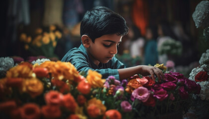 Poster - One boy holding a bouquet of multi colored flowers, smiling outdoors generated by AI