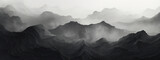 Fototapeta Natura - panorama of the majestic mountain range in monochrome beauty, black and white background, graphic concept with shape of valley, dark visual art, landscape with fog, panorama wallpaper, AI