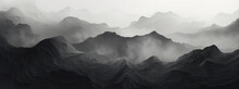 Panorama Of The Majestic Mountain Range In Monochrome Beauty, Black And White Background, Graphic Concept With Shape Of Valley, Dark Visual Art, Landscape With Fog, Panorama Wallpaper, AI