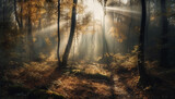 Fototapeta Las - A spooky autumn dawn, mystery in nature tranquil wilderness scene generated by AI