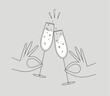 Hand holding champagne clinking glasses drawing in flat line style on grey background