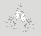 Fototapeta  - Hand holding champagne clinking glasses drawing in flat line style on grey background