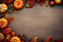 Autumn Composition Of Maple Leaves, Pumpkins And Pine Cones On Brown Background.