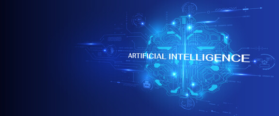 Poster - AI smart brain big data processing futuristic with circuit board, robot technology icon template. Artificial intelligence micro processor unit transferring database vector concept background.