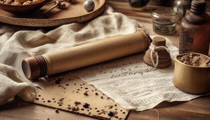 Homemade bread recipe with ancient herbs on rustic parchment paper generated by AI