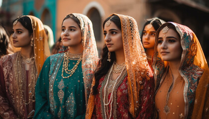 Smiling young women in traditional clothing enjoy outdoors with friends generated by AI