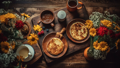 Canvas Print - Rustic homemade dessert on wooden table with autumn decorations and coffee generated by AI