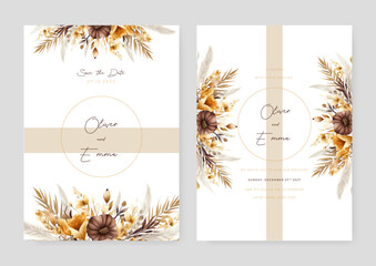 Brown beige and white peony modern wedding invitation template with floral and flower