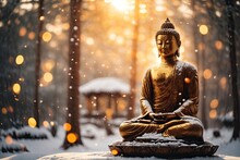 Buddha Statue In Snow Forest Fly Snow Glow Particles. Ai Generative