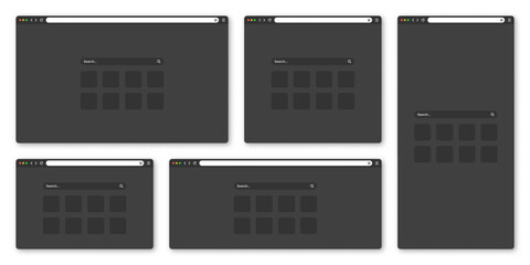 Blank web browser window with toolbar and search field. Modern website, internet page in flat style. Browser mockup for computer, tablet and smartphone. Adaptive UI, dark mode. Vector illustration