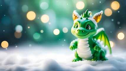 Cute smiling green dragon on a light blurred bokeh background. Winter holidays, Chinese New Year 2024 greeting card concept for design with space for text. Generative AI