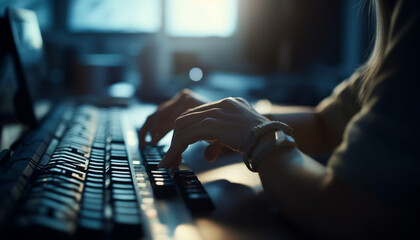 Canvas Print - Busy business person typing e mail on wireless laptop at night generated by AI