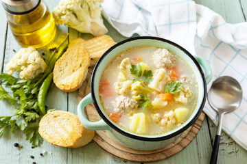 Sticker - Low carb healthy eating. Cauliflower soup with chicken meatballs and vegetables on a wooden rustic table.