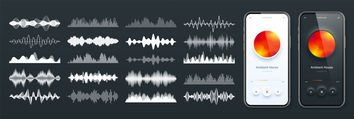 Wall Mural - Online audio player user interface, smartphone app UI design. Music, media streaming and listening platform. Responsive mobile application. Neumorphism. Various sound waves. Vector illustration