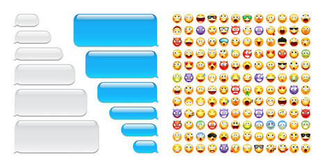 Wall Mural - Blank message bubbles with emoji. Blue chat or messenger speech bubble. SMS text frame. Short message sending. Conversation screen. Social media application. Vector illustration