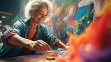 A Senior Woman Experimenting With Graffiti Art,  Expressing Herself Through Colors