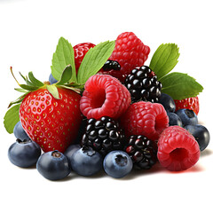 Delicious fresh berries of strawberry, raspberry, blueberry isolated on white background