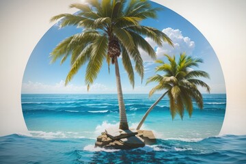 Beautiful illustration of two palm trees against the background of the sea and clouds, postcard.