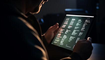 Wall Mural - Businessman working on computer, holding smart phone, in dark night generated by AI