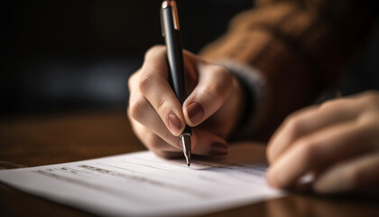 Business person holding ballpoint pen, signing contract on desk indoors generated by AI