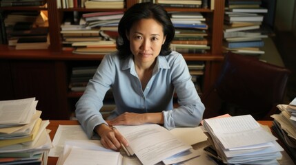 In home office, Asian American mother, middleaged but no less vibrant, grapples with outlining chapters of upcoming book. Author and Psychologist, she explores themes of Post Traumatic Growth