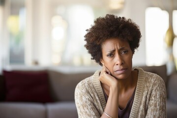 middleaged African American woman depicted in living room, dealing with mood swings, heightened anxiety and occasional memory loss associated with Perimenopause. Prominent terminology like