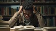 young adult African American male in quiet library struggles to concentrate on book in hands. restlessness and indecisiveness latent indicators of cognitive symptoms of depression.