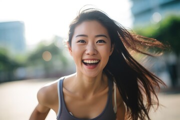 Wall Mural - Portrait of joyful Asian girl on street