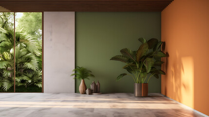 Wall Mural - Modern contemporary loft empty room with open door to garden 3d render The Rooms have marble floors, green and orange walls, wooden plank ceiling