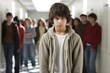 © Justlight - teenage Latino boy, standing alone in schools crowded hallway, manifests signs of selective mutism. inability to converse with peers, coupled with awkward body movements, point towards escalated