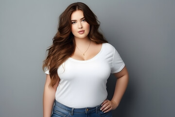 Young beautiful plus size woman model with long hair in white t-shirt posing on light grey background.