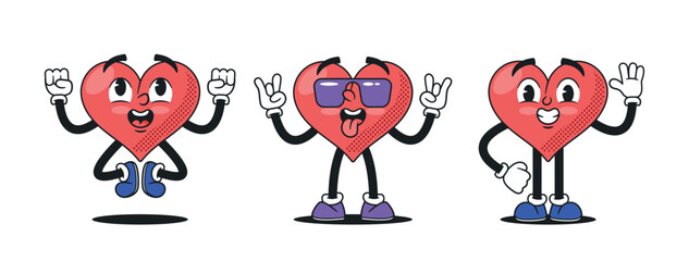 Wall Mural - Retro Cartoon Heart Characters Exude Charm With Their Whimsical, Vintage Designs. Cute Personages With Expressive Faces