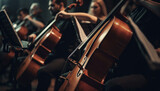 Musicians playing string instruments on stage, creating harmonious performance generated by AI