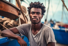 Sea Boat Fisher. African Man Working In Seafood Industry. Portrait On Small Fishing Vessel. Generative AI