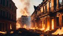 Burning Old House In The City. Fire In The City. The Concept Of The Consequences Of War