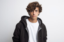 Portrait Of Serious Looking Turkish Teen Boy With Hoodie And Brown Hair Isolated On White Background