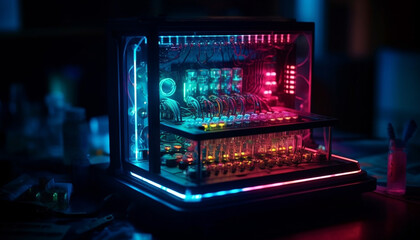 Sticker - Illuminated nightclub bar with glowing blue cocktail glass and machinery generated by AI