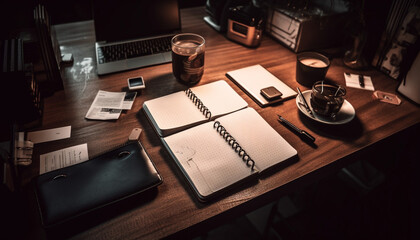 Wall Mural - Modern office desk with computer, documents, and coffee cup generated by AI