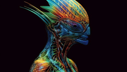 Futuristic alien fish in abstract multi colored fractal shape swim underwater generated by AI