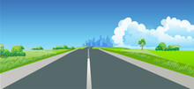 A View Of A Highway Leading To A City That Can Be Seen In The Distance. Vector Illustration.