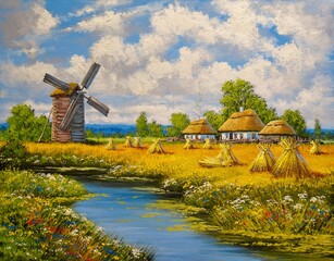 summer landscape with a house and river. oil paintings, old village, rural landscape with windmill. 